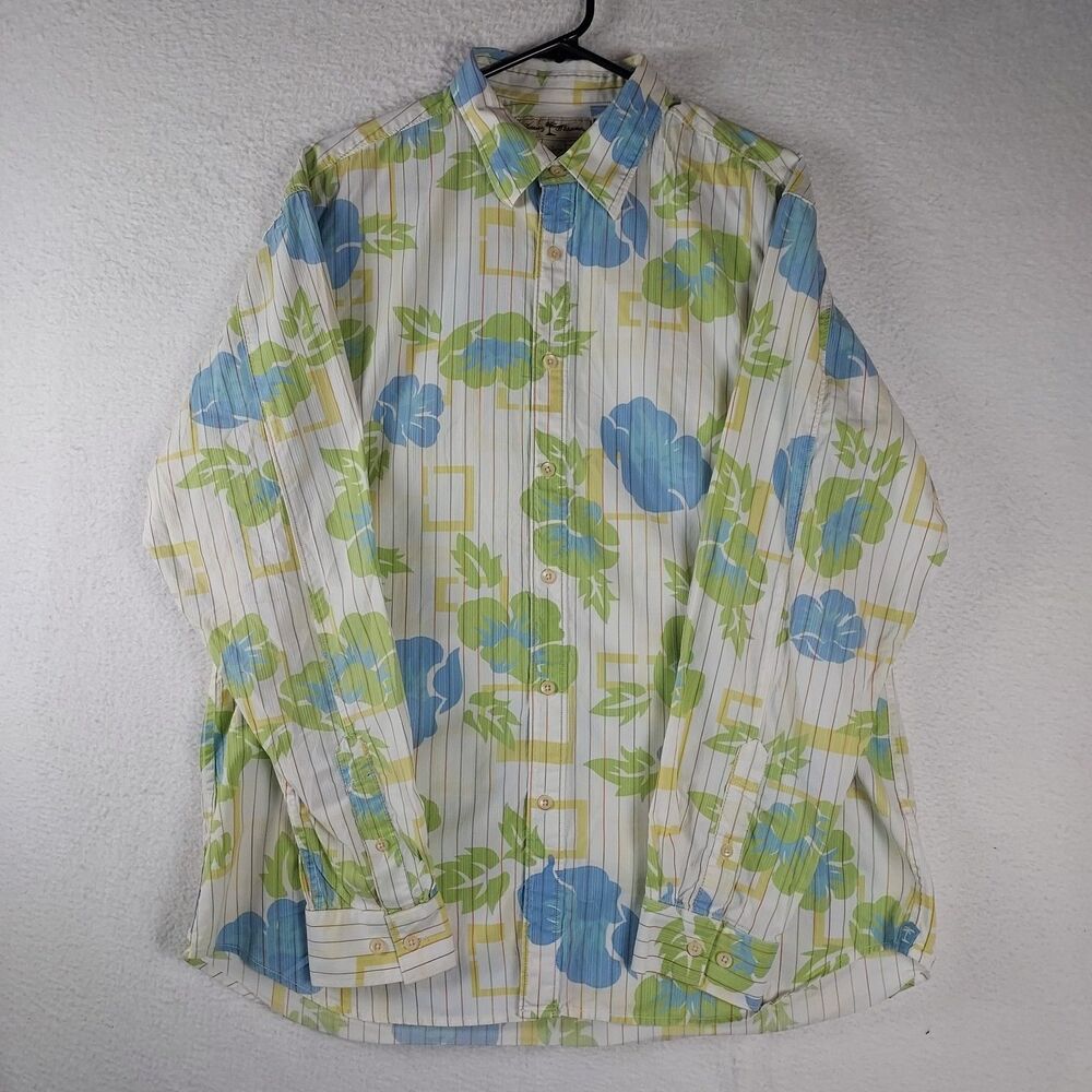 Tommy Bahama Men’s Large White Floral Geometric Button Front Cotton Shirt
